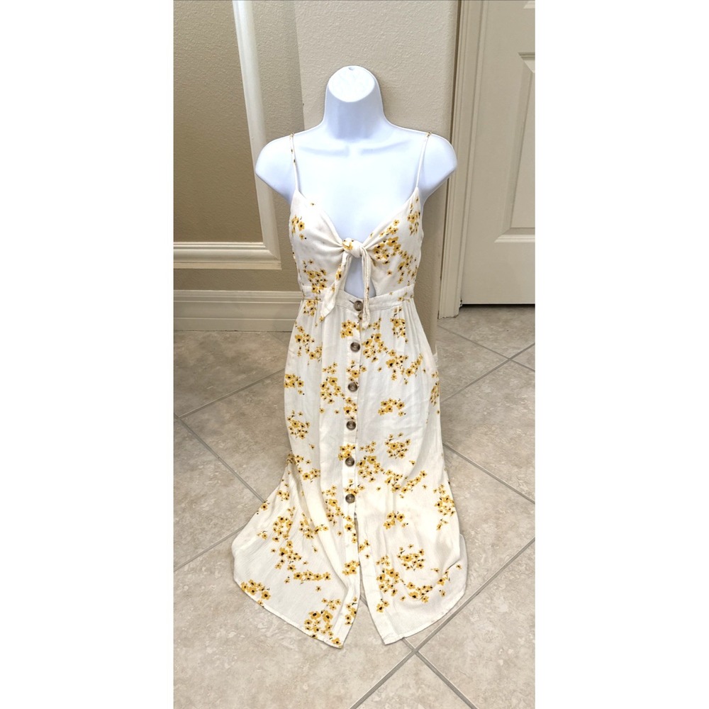 Mimi Chica Sz XS Floral White Yellow Floral Sundress Pocket Halter Cottage Prepy